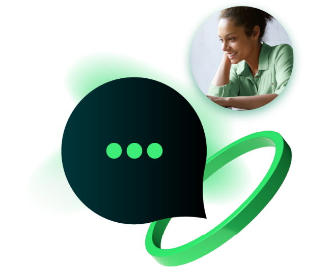 Woman at computer smiling with graphic of ellipsis in quote bubble and green ring