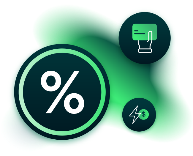 Percentage icon with payments icon and rapid payments icon over background with green gradient