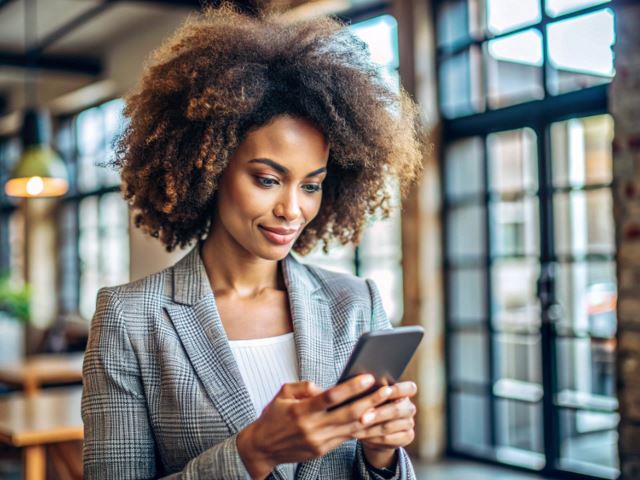 Professional woman reading her phone in a modern office