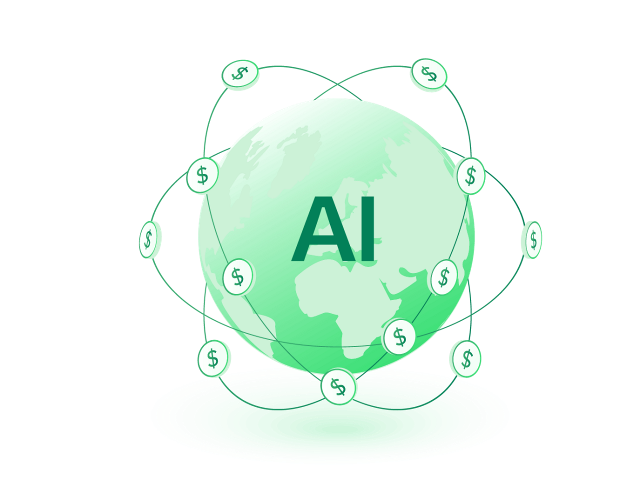 four ways ai will simplify global payments_graphic of the world with the word ai in the middle and dollar signs around it