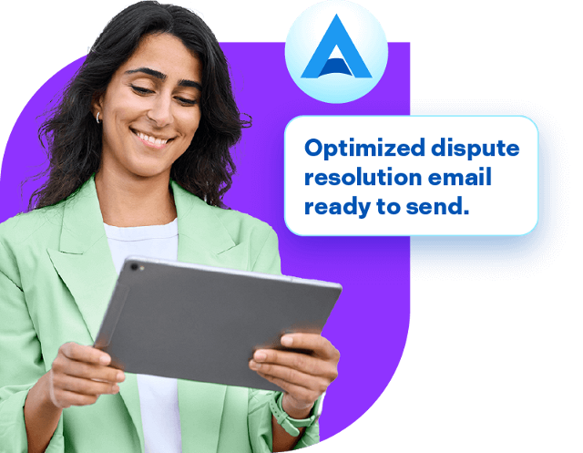 Woman looking at tablet with Autopilot saying "Optimized dispute resolution email ready to send."