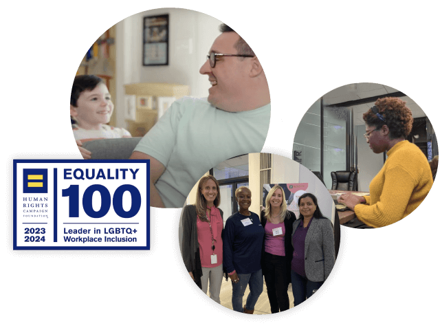 Diversity Inclusion: father with son. Women at desk. 4 ladies standing.