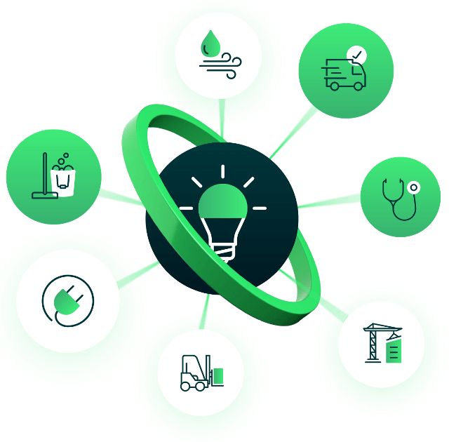 Pictogram gloeilamp omringd door pictogrammen van verschillende sectoren