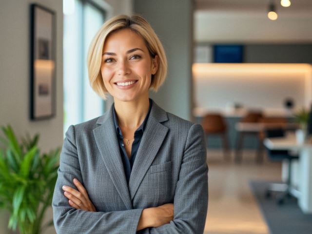 Professional confident woman standing in office environment