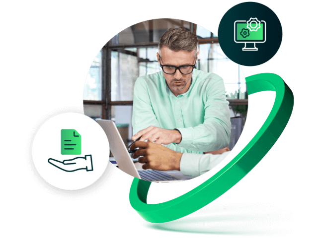 Man on computer with AR software icon and document icon