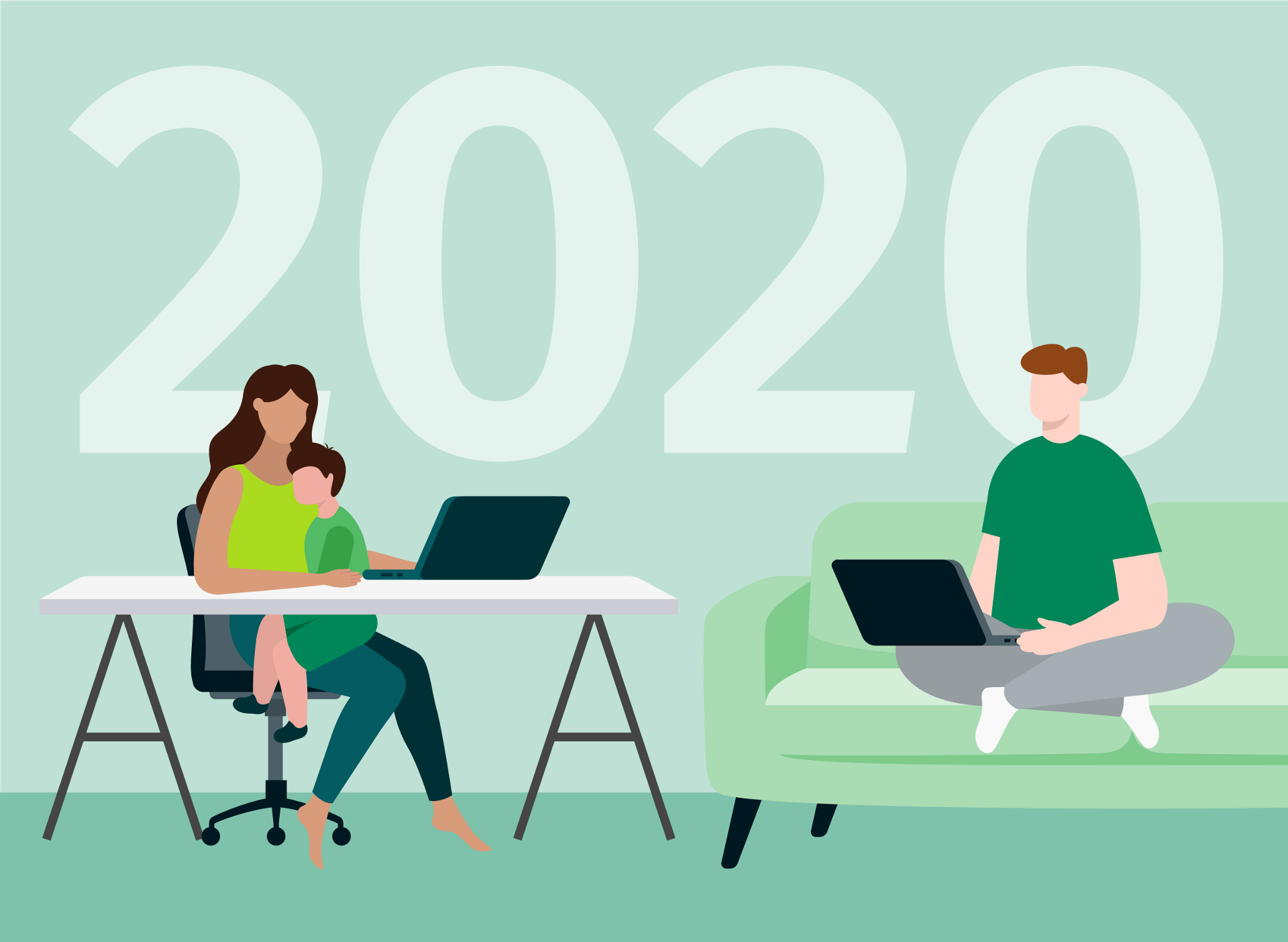 illustration of woman working on laptop and holding child, man sitting on a couch working on laptop in 2020
