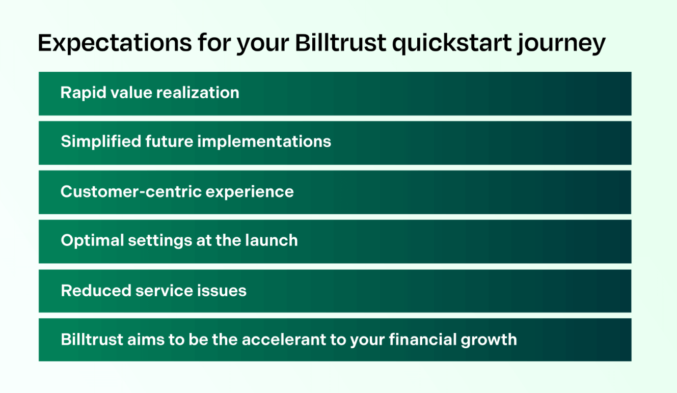 a list of expectations from billtrust quickstart