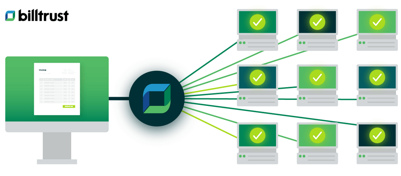 abstract diagram of billtrust sending digital invoices to multiple devices