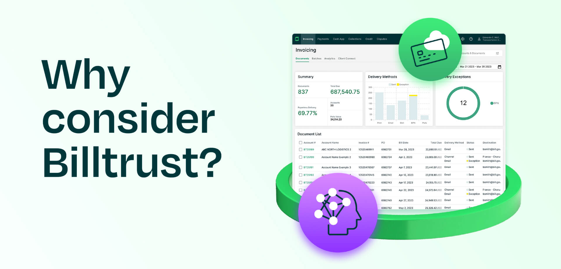 Why consider Billtrust Product UI image with AI icon and Cloud icon