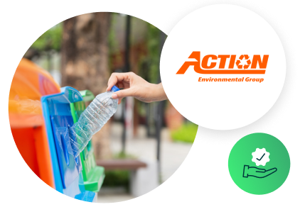 Action carting case study image of recycling, action carting logo, and business services icon