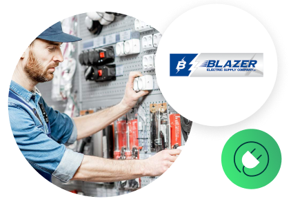 Logo Blazer Electric avec icône d'électricité et employés en train d'approvisionner des étagères