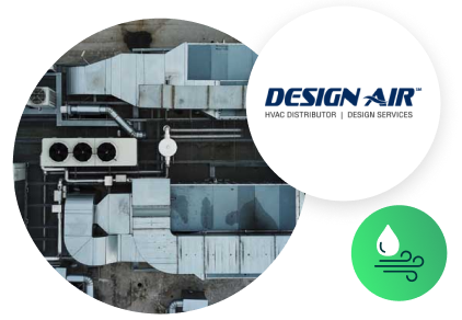 Design Air Logo with plumbing and HVAC icon and aerial image of rooftop HVAC system
