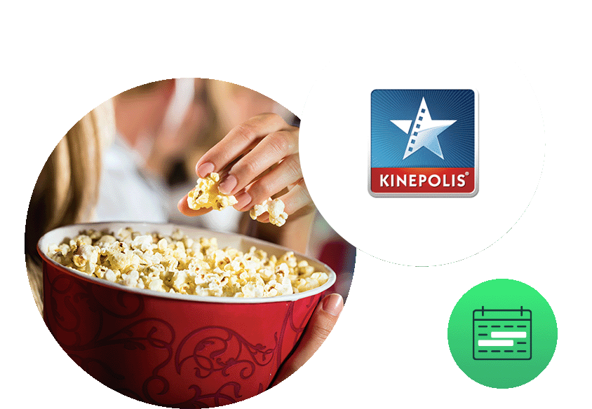 Hand met popcorn en het Kinepolis-logo