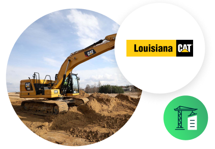 Louisiana CAT case study image of Caterpillar machine, Louisiana CAT logo, and heavy equipment icon