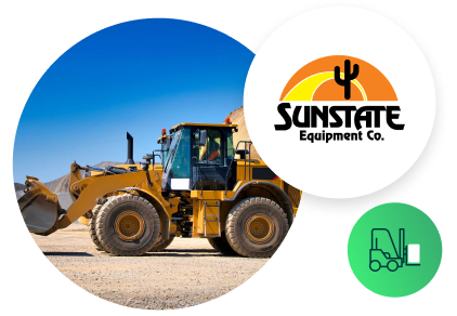 Sunstate Equipment Case Study image of heavy equipment, Sunstate logo, and forklift icon