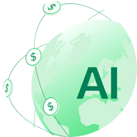 four ways ai will simplify global payments_graphic of the world with the word ai in the middle and dollar signs around it