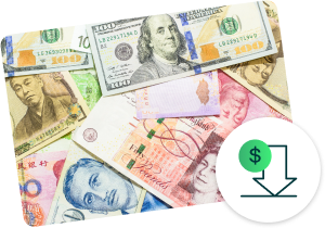 Valuta uit verschillende landen met pictogram van geld en met pijl naar beneden